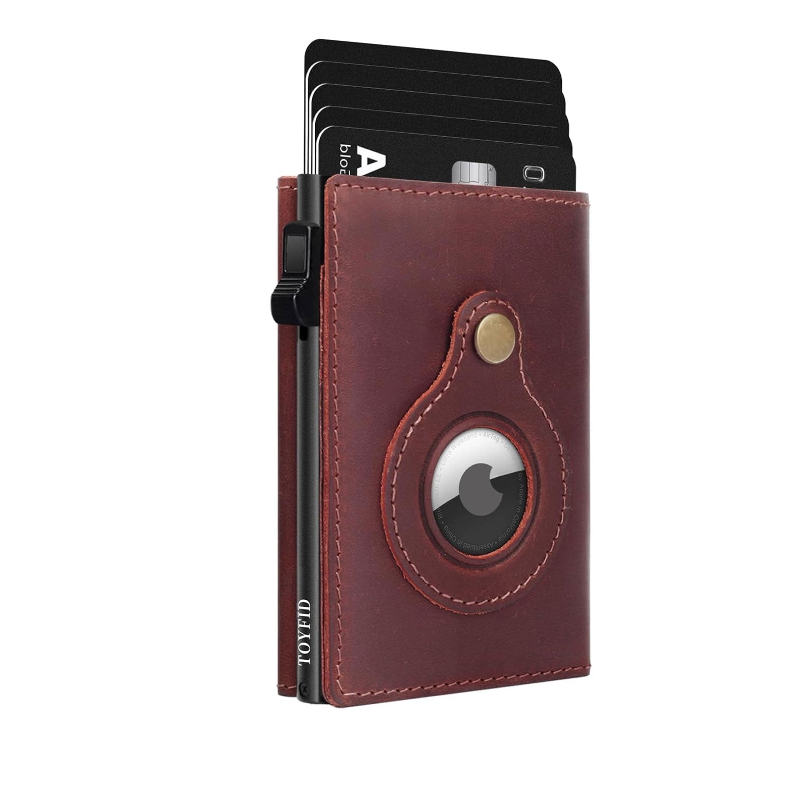 TOYFID Leather Wallet for Men, RFID Blocking Pop up Card Holder with Slide Ejector Button, ID Window, Airtag Slot, Mirror, Large Capacity Organiser for Credit Card/Bank Card/Cash-1